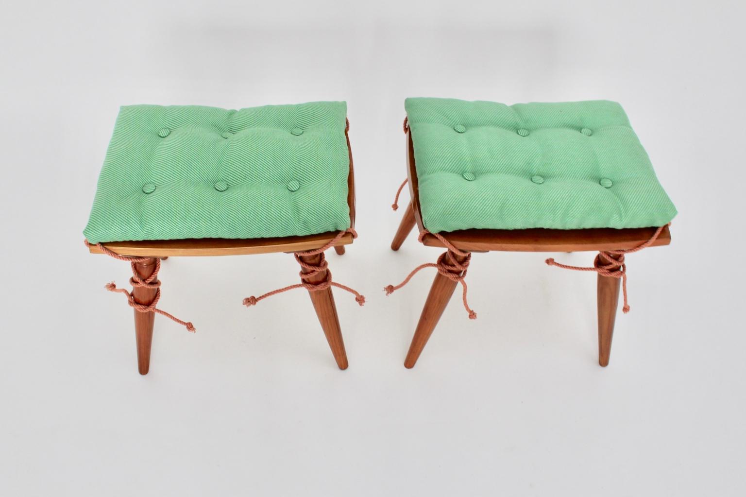 Mid-Century Modern Vintage Cherrywood Stools with Green Cushions, Vienna, 1950s For Sale 4