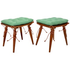 Mid-Century Modern Retro Cherrywood Stools with Green Cushions, Vienna, 1950s