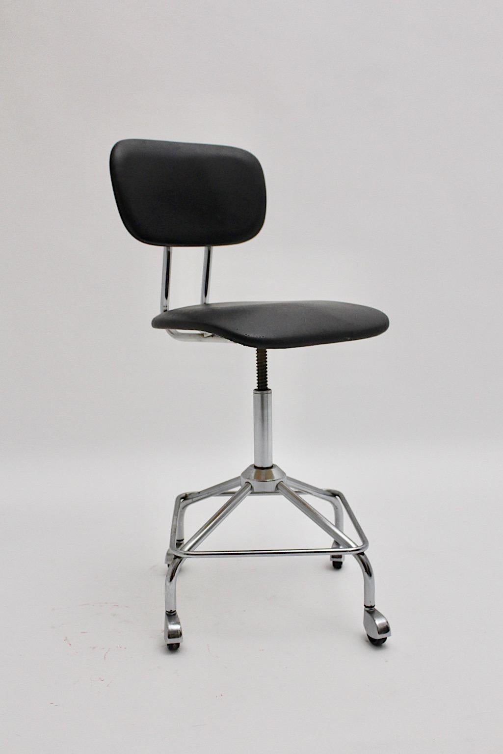 20th Century Mid-Century Modern Vintage Chromed Black Desk Chair Office Chair, 1950s, Germany