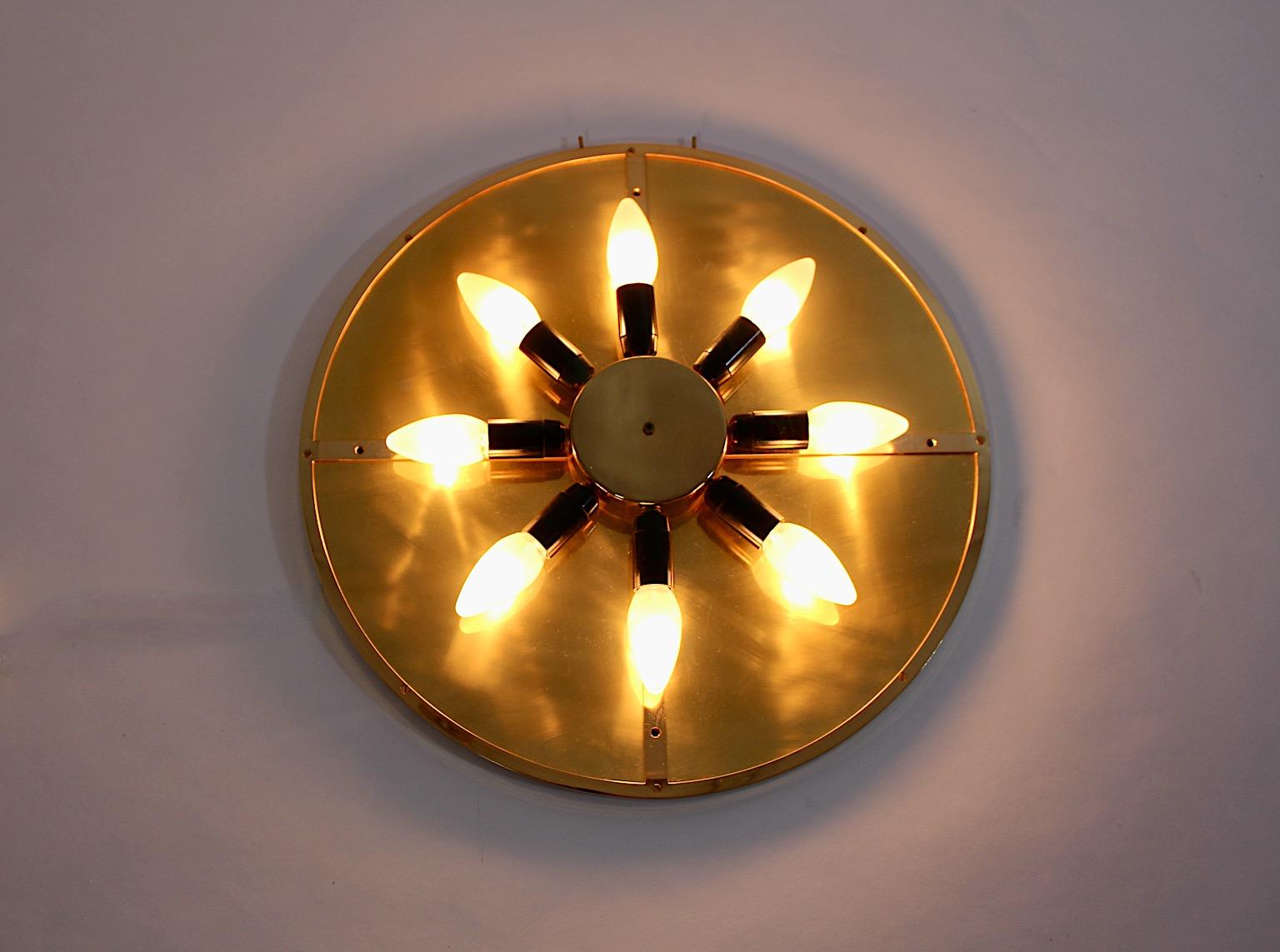 Mid Century Modern Vintage Circular Glass Brass Wall Mirror Flower Palwa 1960s For Sale 4