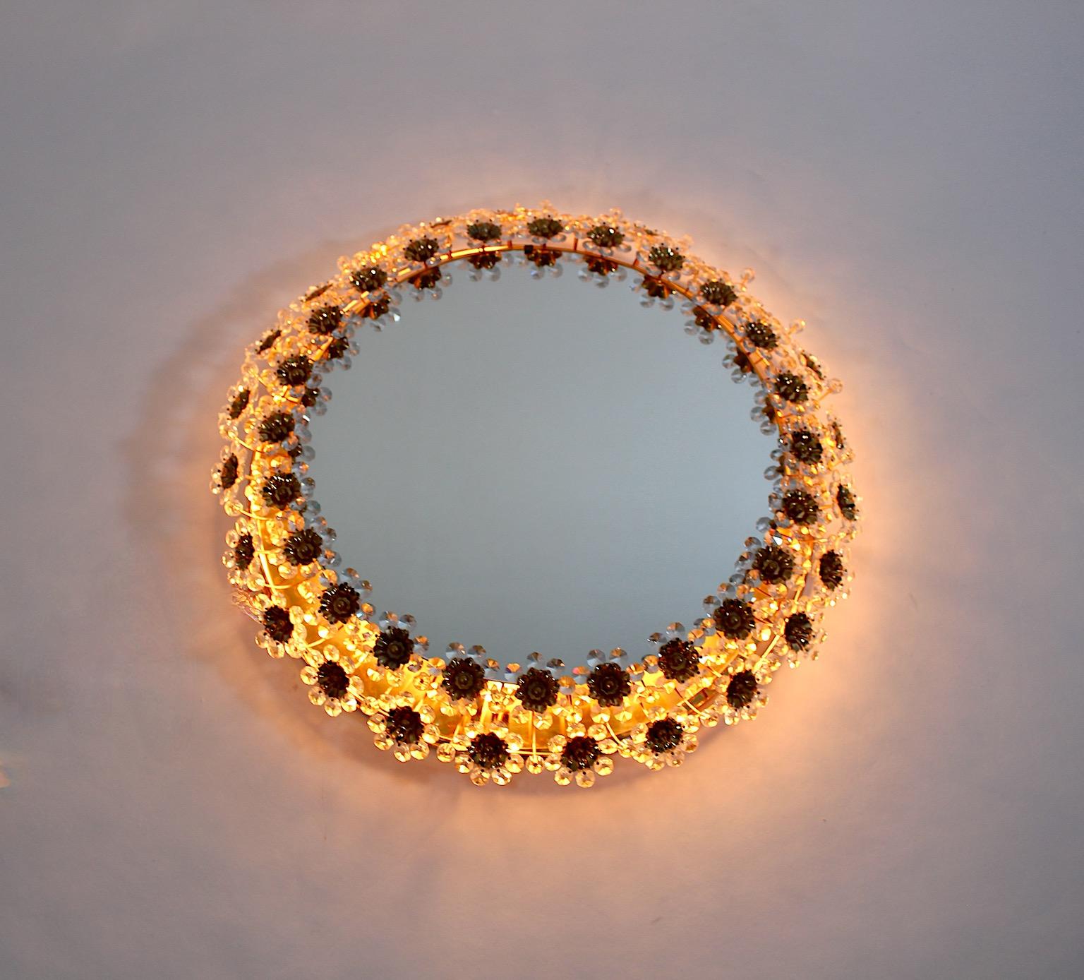 German Mid Century Modern Vintage Circular Glass Brass Wall Mirror Flower Palwa 1960s For Sale