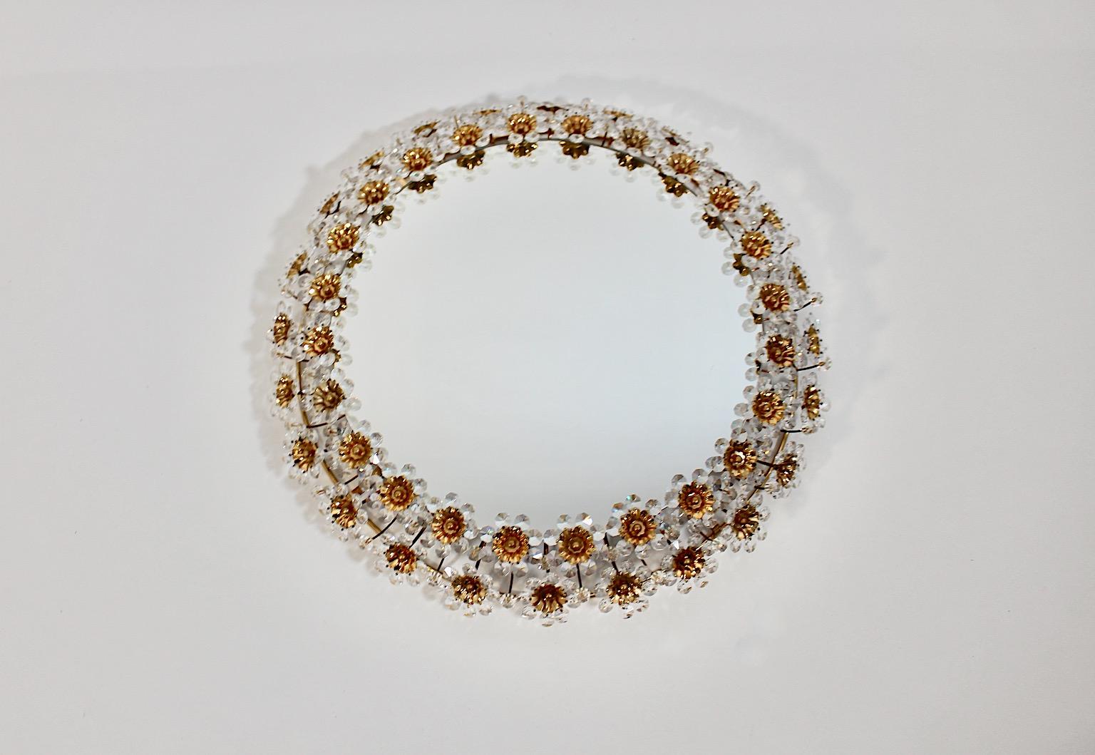 Gilt Mid Century Modern Vintage Circular Glass Brass Wall Mirror Flower Palwa 1960s For Sale