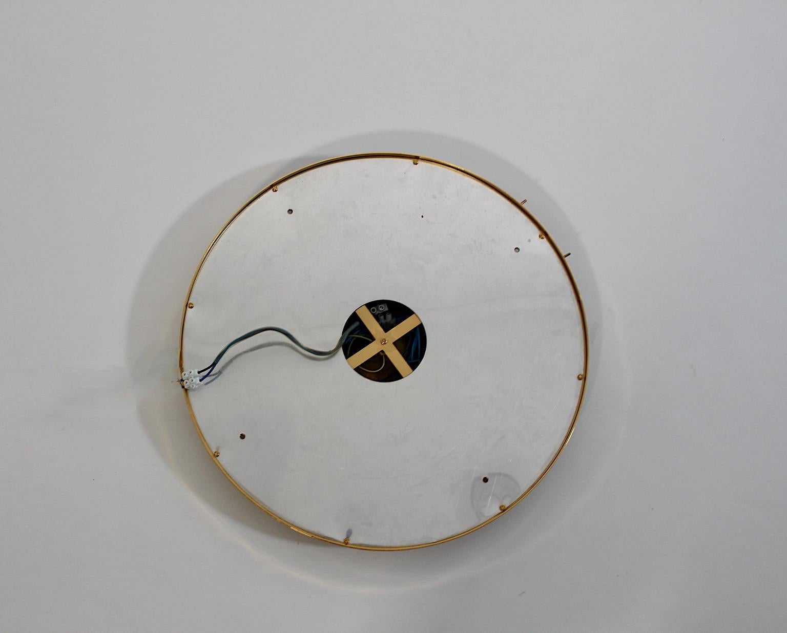 Mid Century Modern Vintage Circular Glass Brass Wall Mirror Flower Palwa 1960s For Sale 3