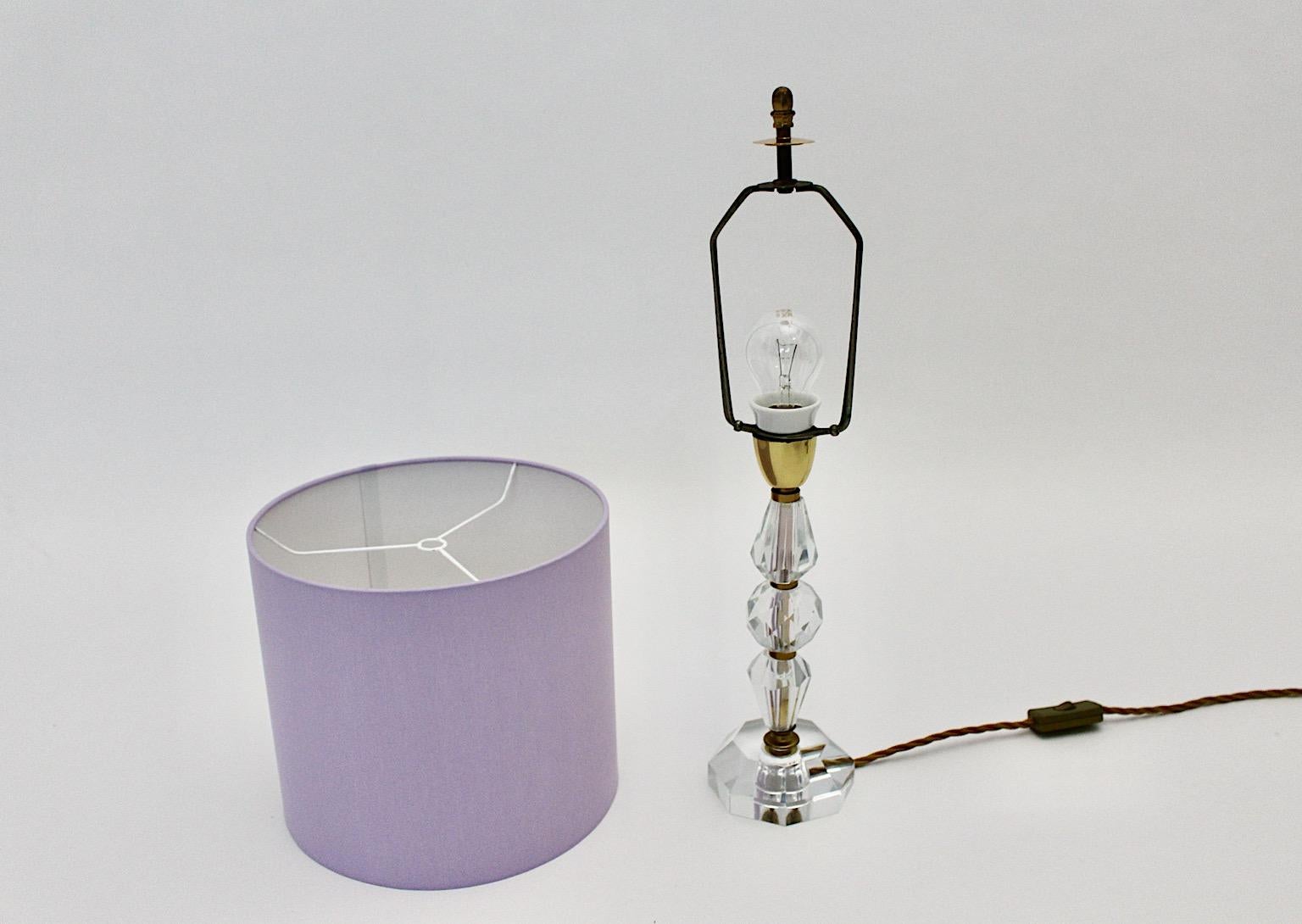 Mid Century Modern Vintage Crystal Glass Table Lamp Lavender Shade Austria 1950s For Sale 2