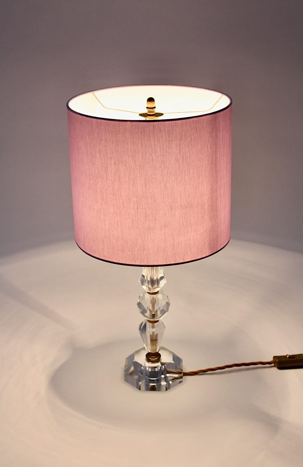 Mid Century Modern Vintage Crystal Glass Table Lamp Lavender Shade Austria 1950s For Sale 1