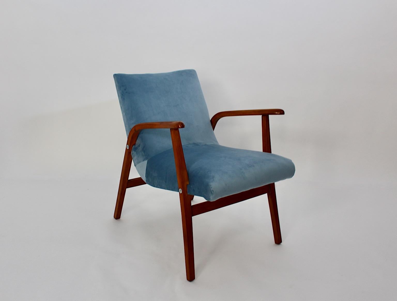 Mid Century Modern Vintage Duo Armchairs Beech Pastel Blue Velvet Roland Rainer  For Sale 4