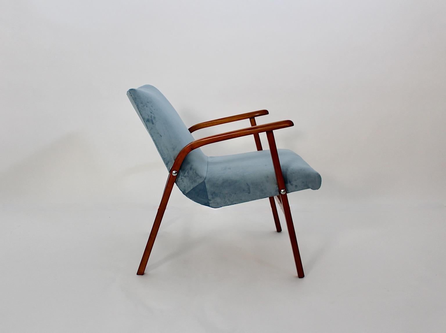 Mitte des Jahrhunderts Moderne Vintage Duo Sessel Buche Pastell Blau Samt Roland Rainer  im Angebot 5