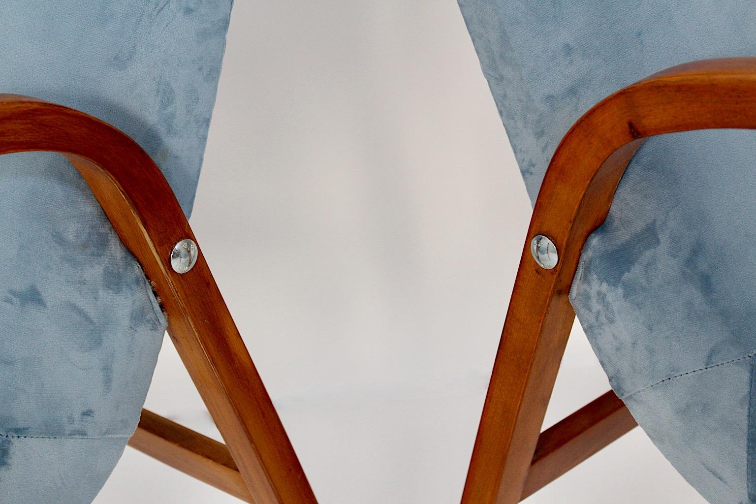 Mitte des Jahrhunderts Moderne Vintage Duo Sessel Buche Pastell Blau Samt Roland Rainer  im Angebot 6