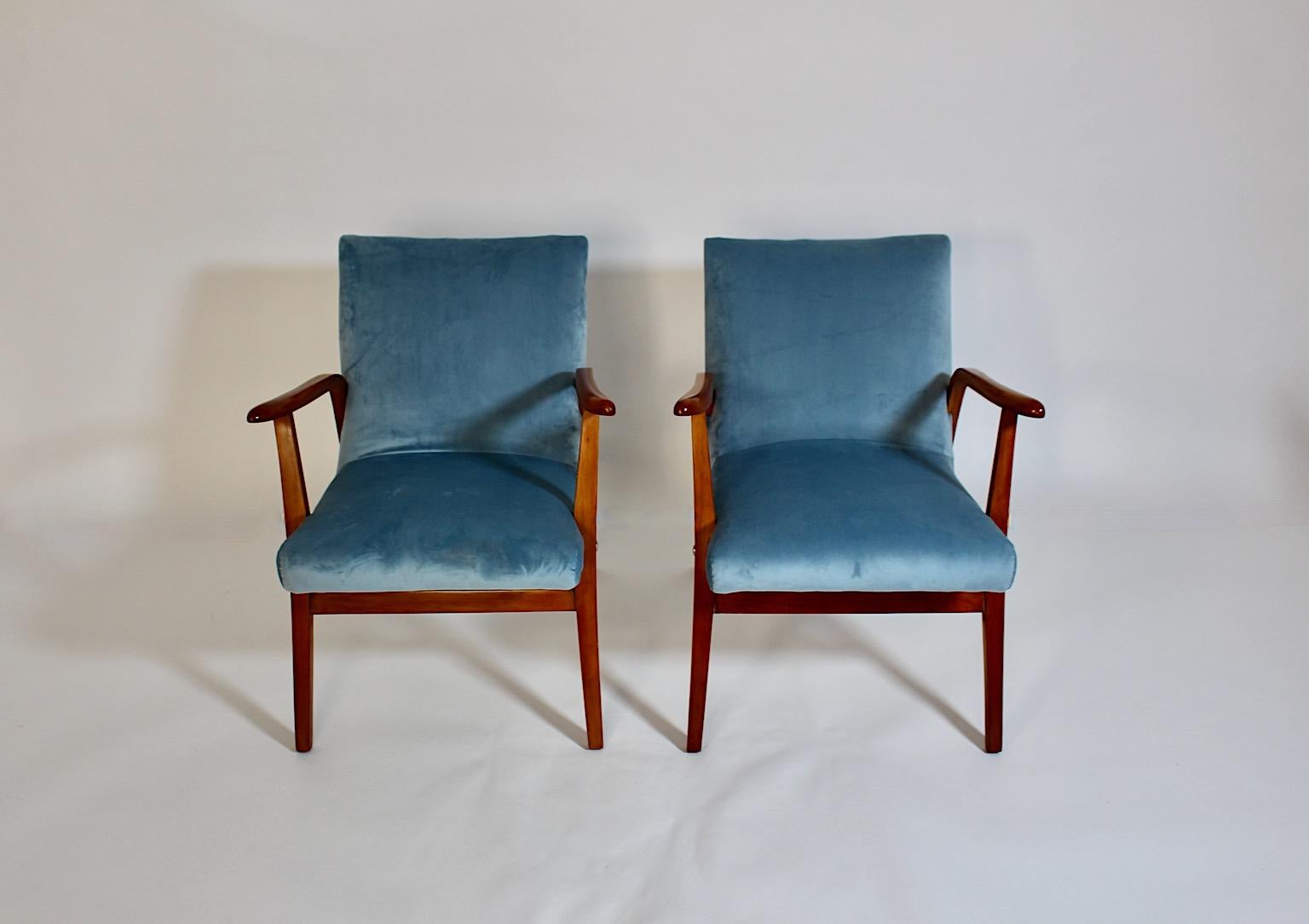 Mid Century Modern Vintage Duo Armchairs Beech Pastel Blue Velvet Roland Rainer  For Sale 7