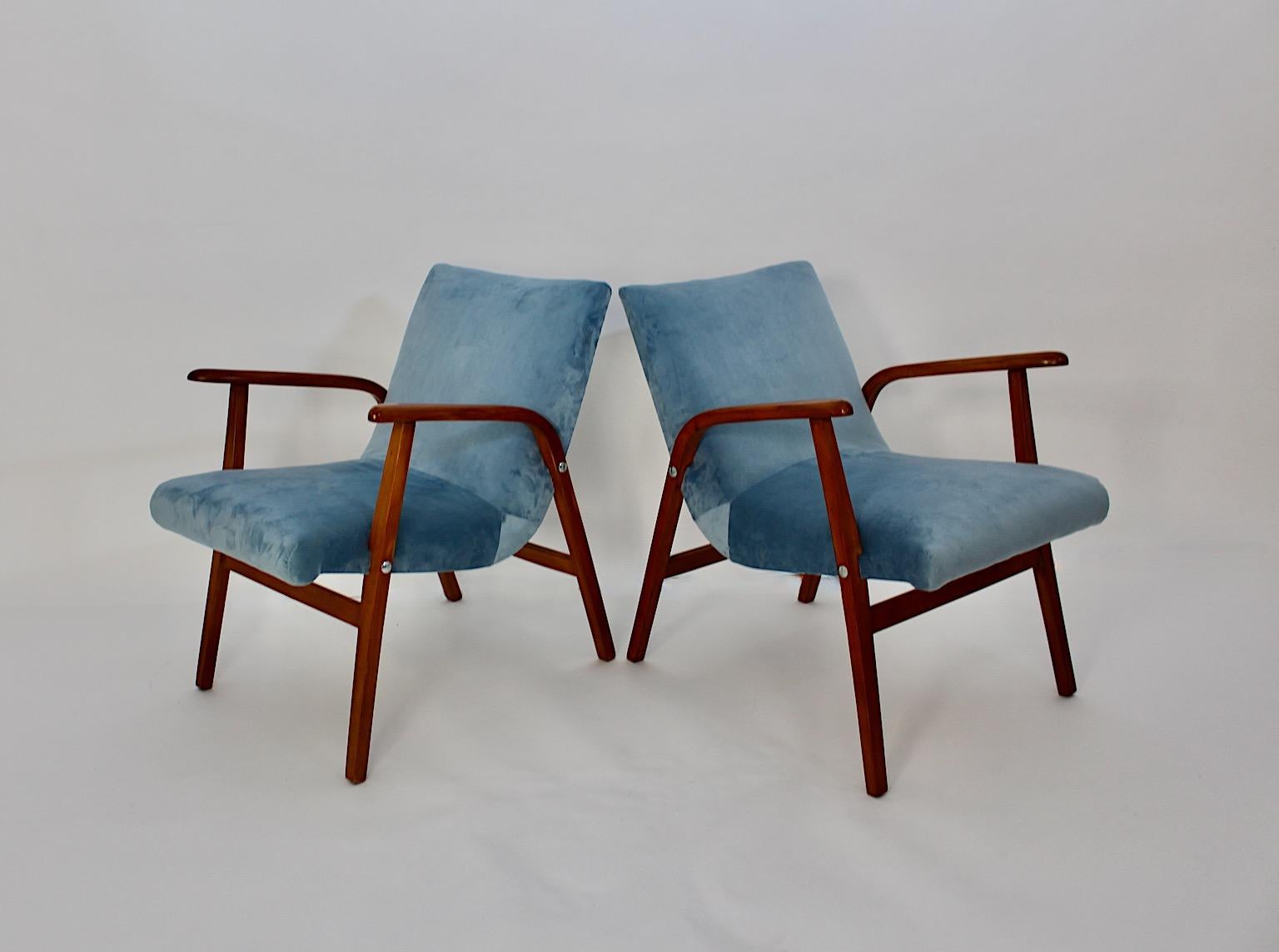 Mid Century Modern Vintage Duo Armchairs Beech Pastel Blue Velvet Roland Rainer  For Sale 8
