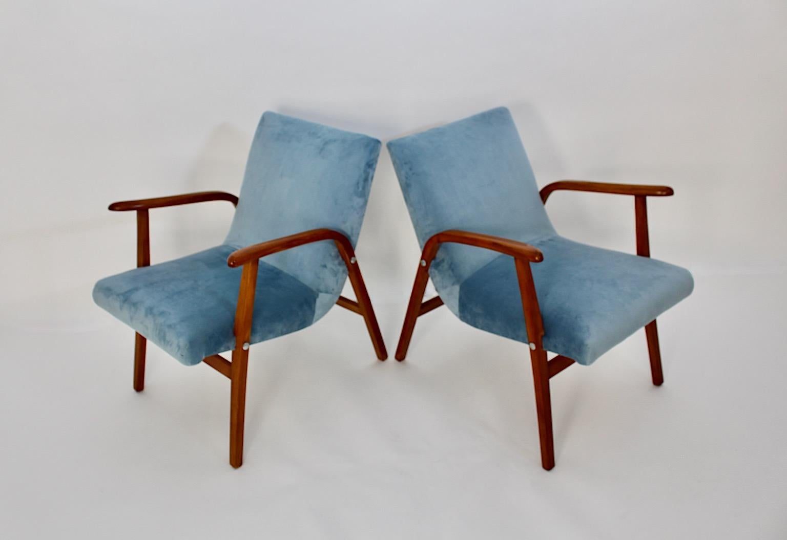 Mid-Century Modern Mid Century Modern Vintage Duo Armchairs Beech Pastel Blue Velvet Roland Rainer  For Sale