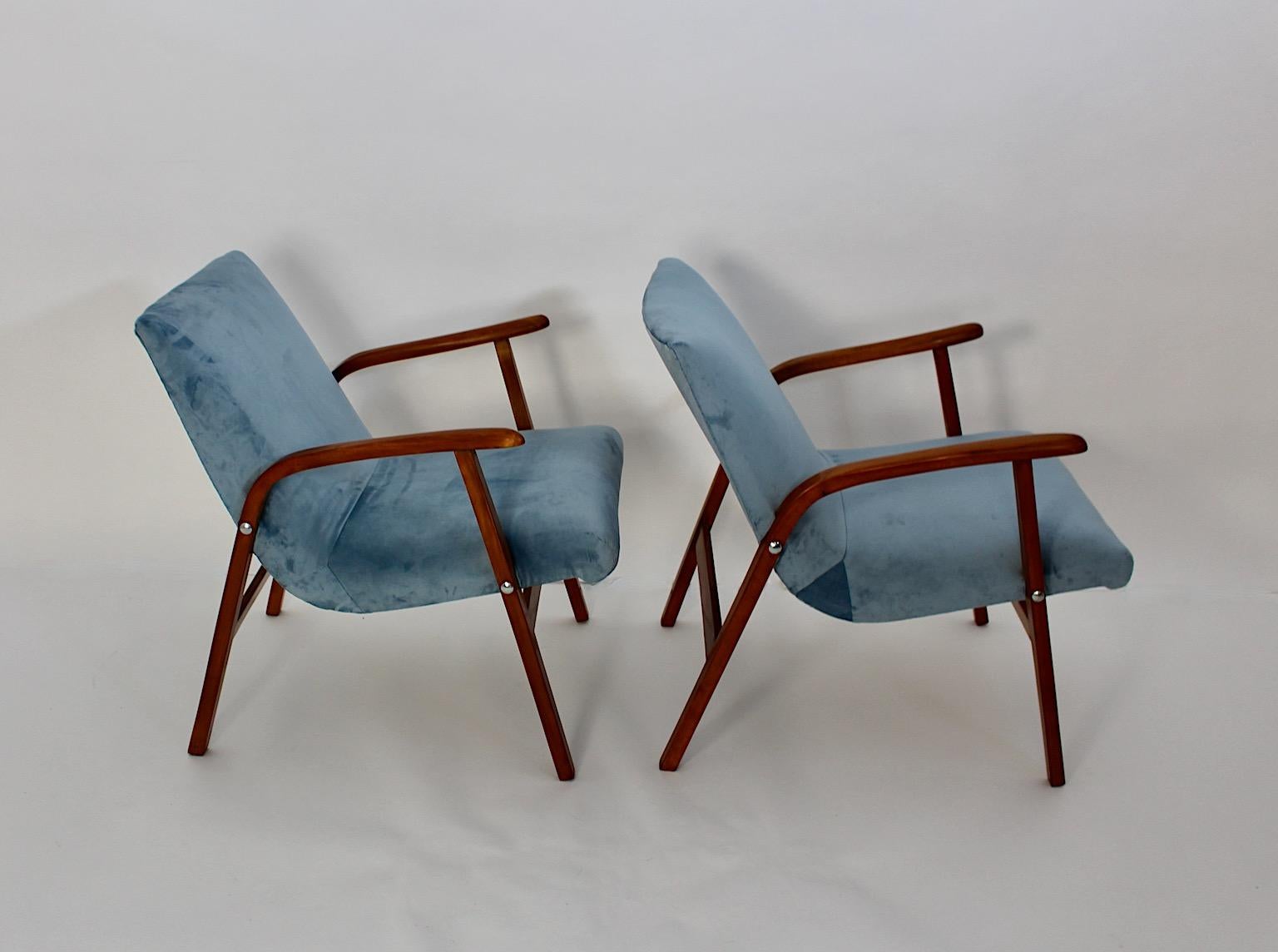 Austrian Mid Century Modern Vintage Duo Armchairs Beech Pastel Blue Velvet Roland Rainer  For Sale