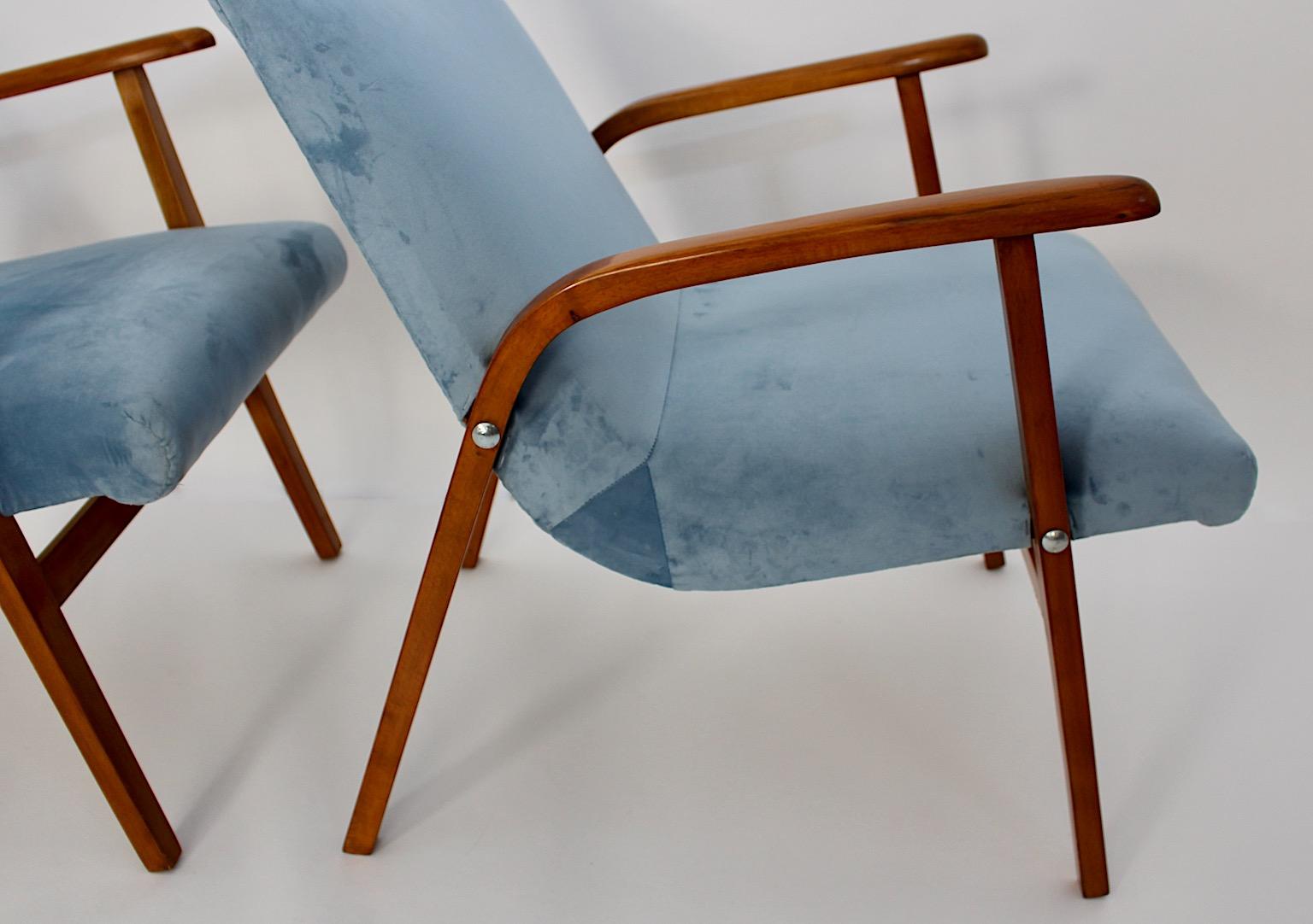 Metal Mid Century Modern Vintage Duo Armchairs Beech Pastel Blue Velvet Roland Rainer  For Sale