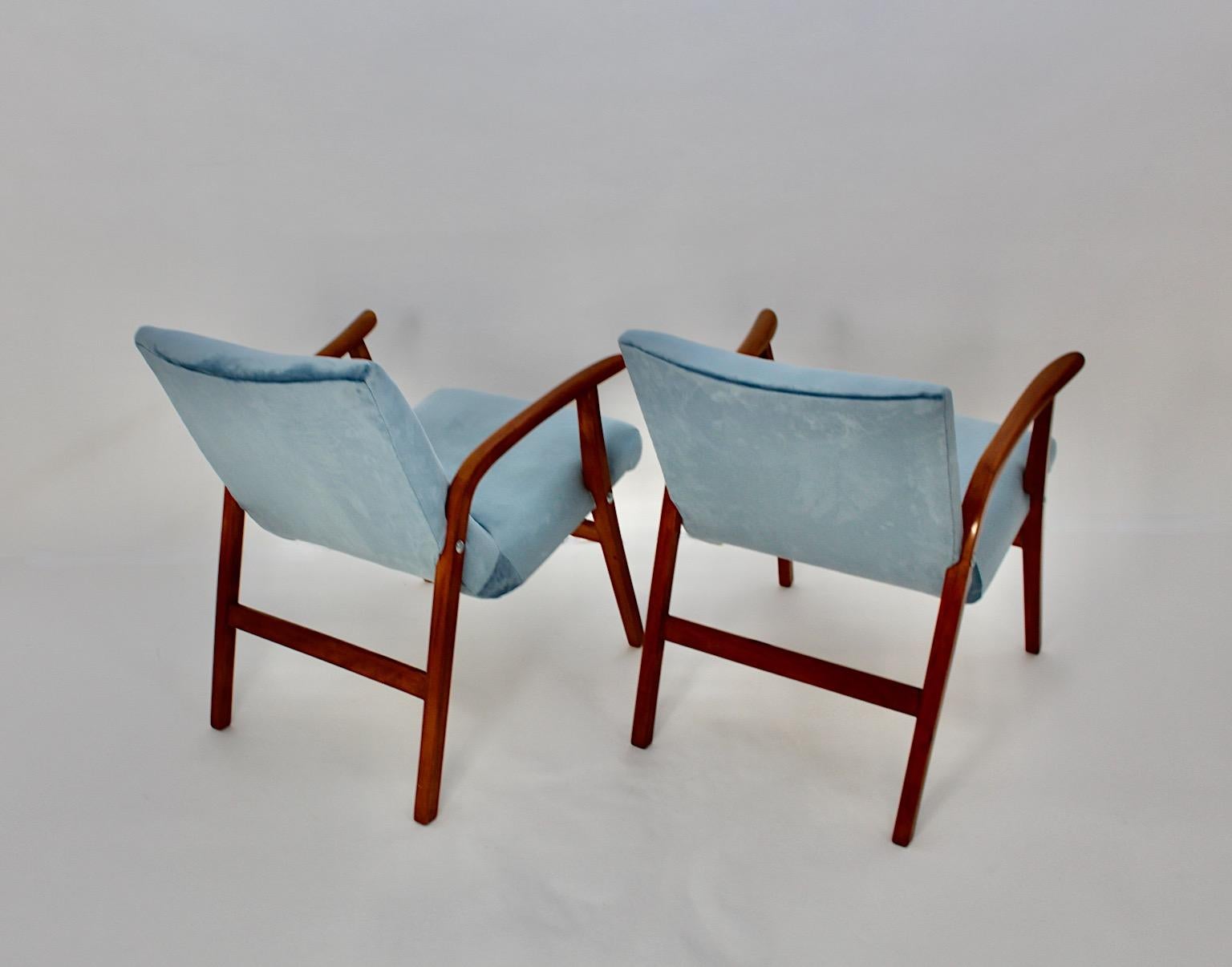 Mid Century Modern Vintage Duo Armchairs Beech Pastel Blue Velvet Roland Rainer  For Sale 1