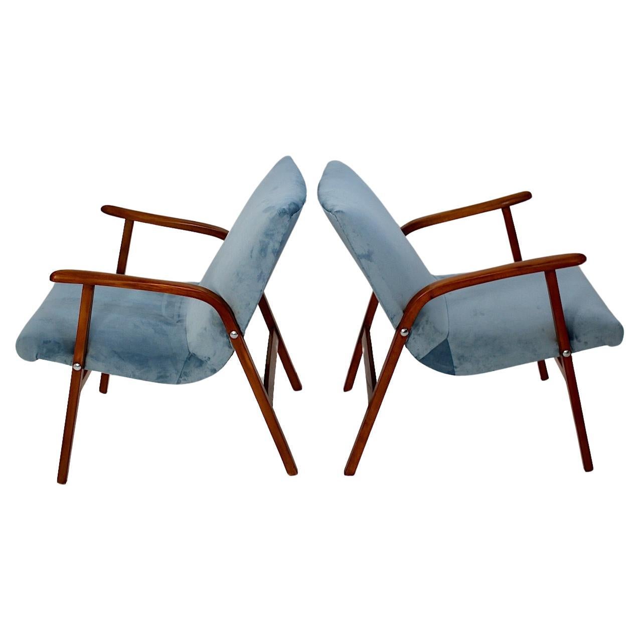 Mid Century Modern Vintage Duo Armchairs Beech Pastel Blue Velvet Roland Rainer  For Sale