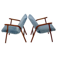 Mid Century Modern Vintage Duo Armchairs Beech Pastel Blue Velvet Roland Rainer 