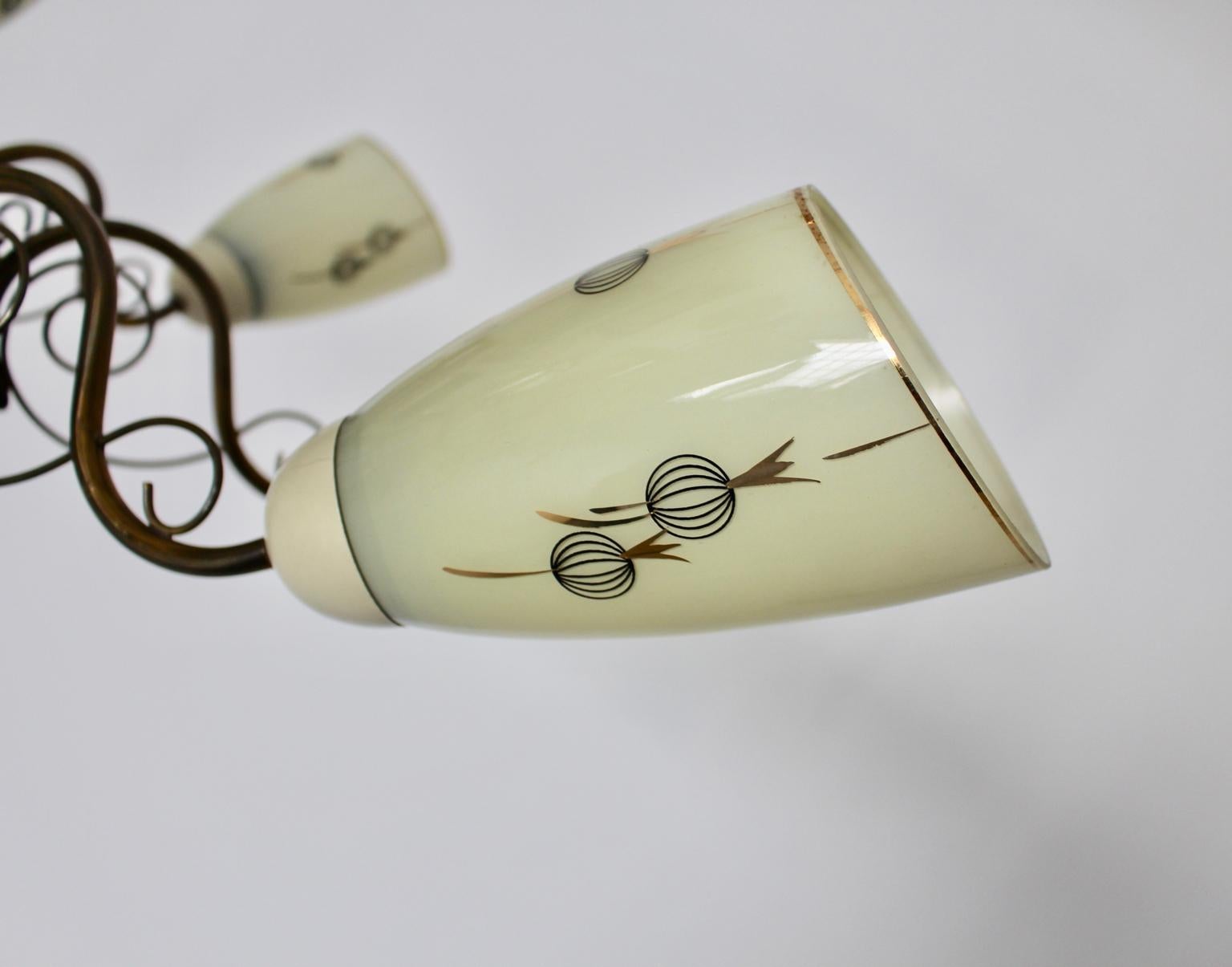 Metal Mid-Century Modern Vintage Eight Arm Brass Ivory Glass Chandelier 1950 Italy For Sale