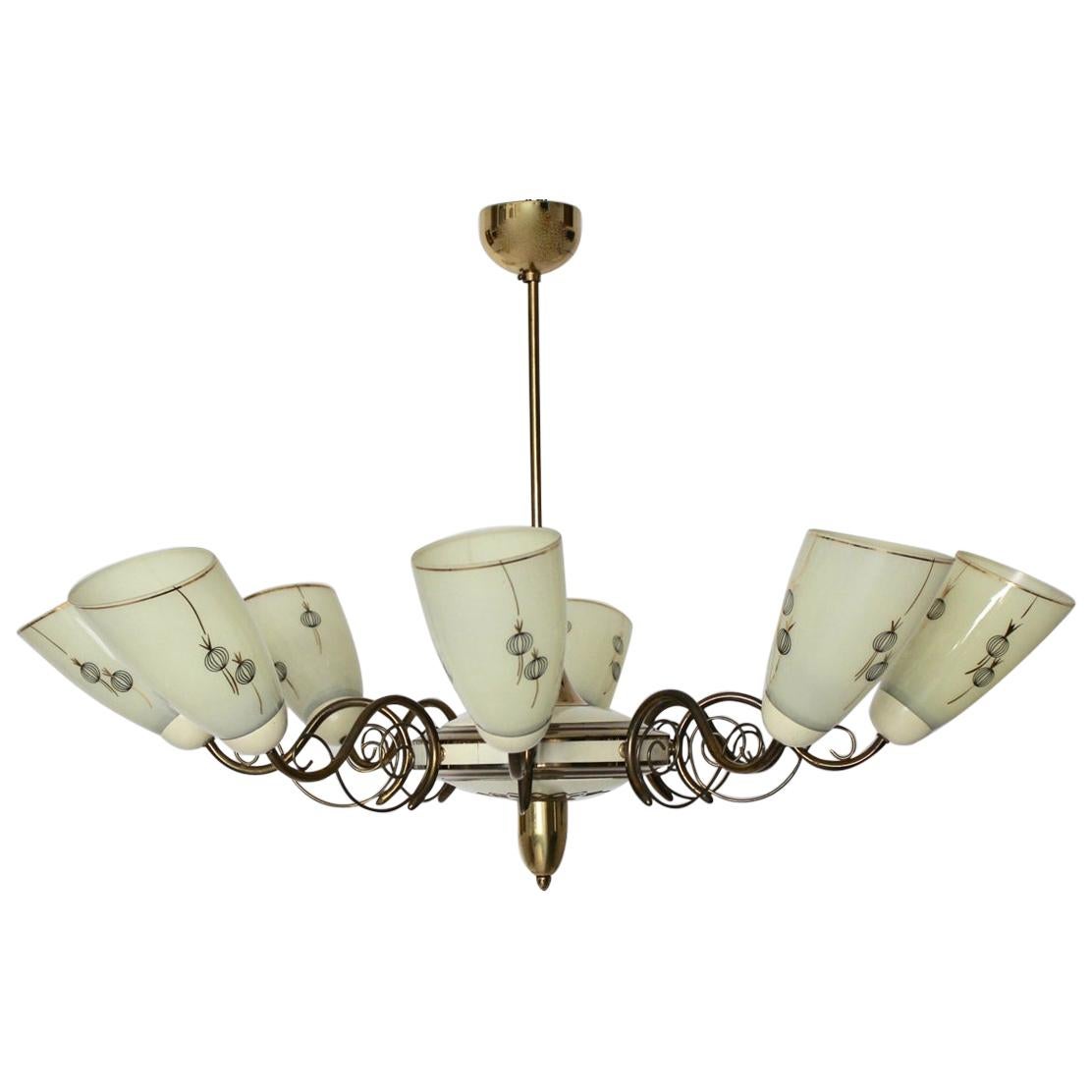 Mid-Century Modern Vintage Eight Arms Brass Ivory Glass Chandelier 1950 Italy For Sale