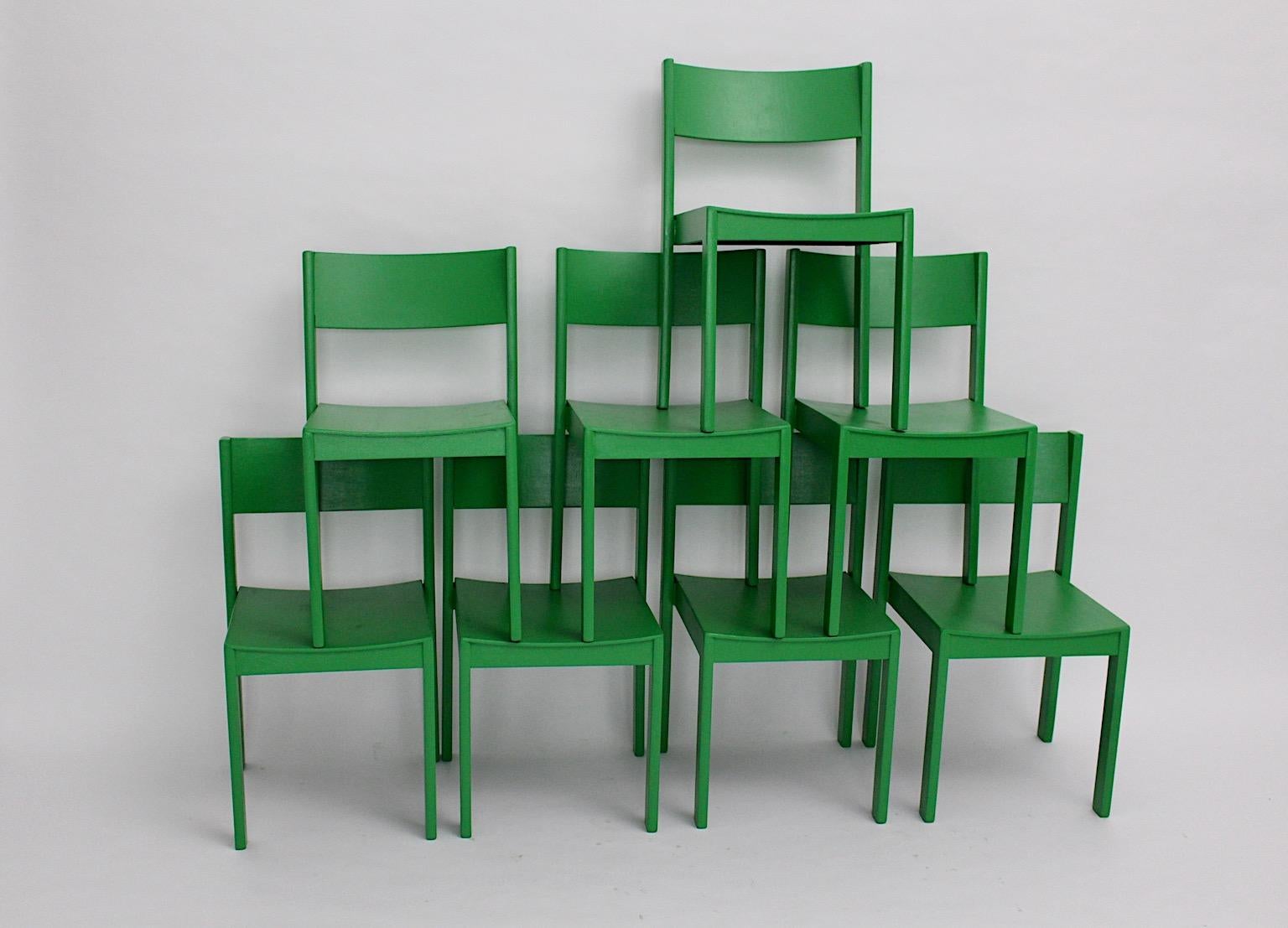 Mid Century Modern Vintage Eight Green Beech Stackable Dining Chairs 1950 Vienna For Sale 1