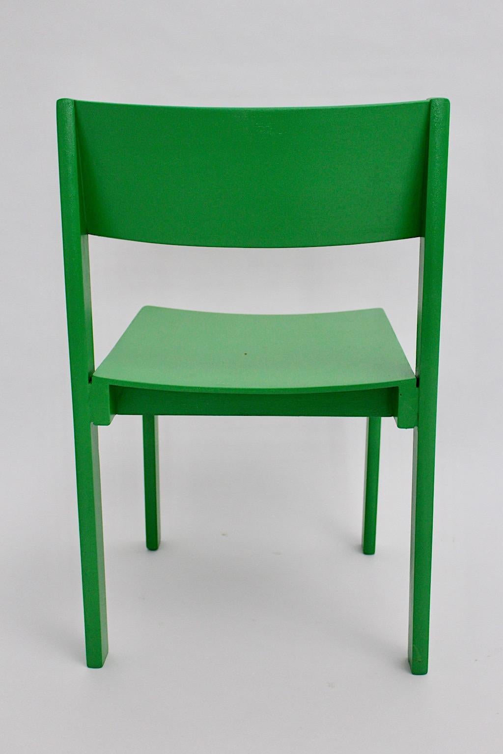 Mid Century Modern Vintage Eight Green Beech Stackable Dining Chairs 1950 Vienna For Sale 3