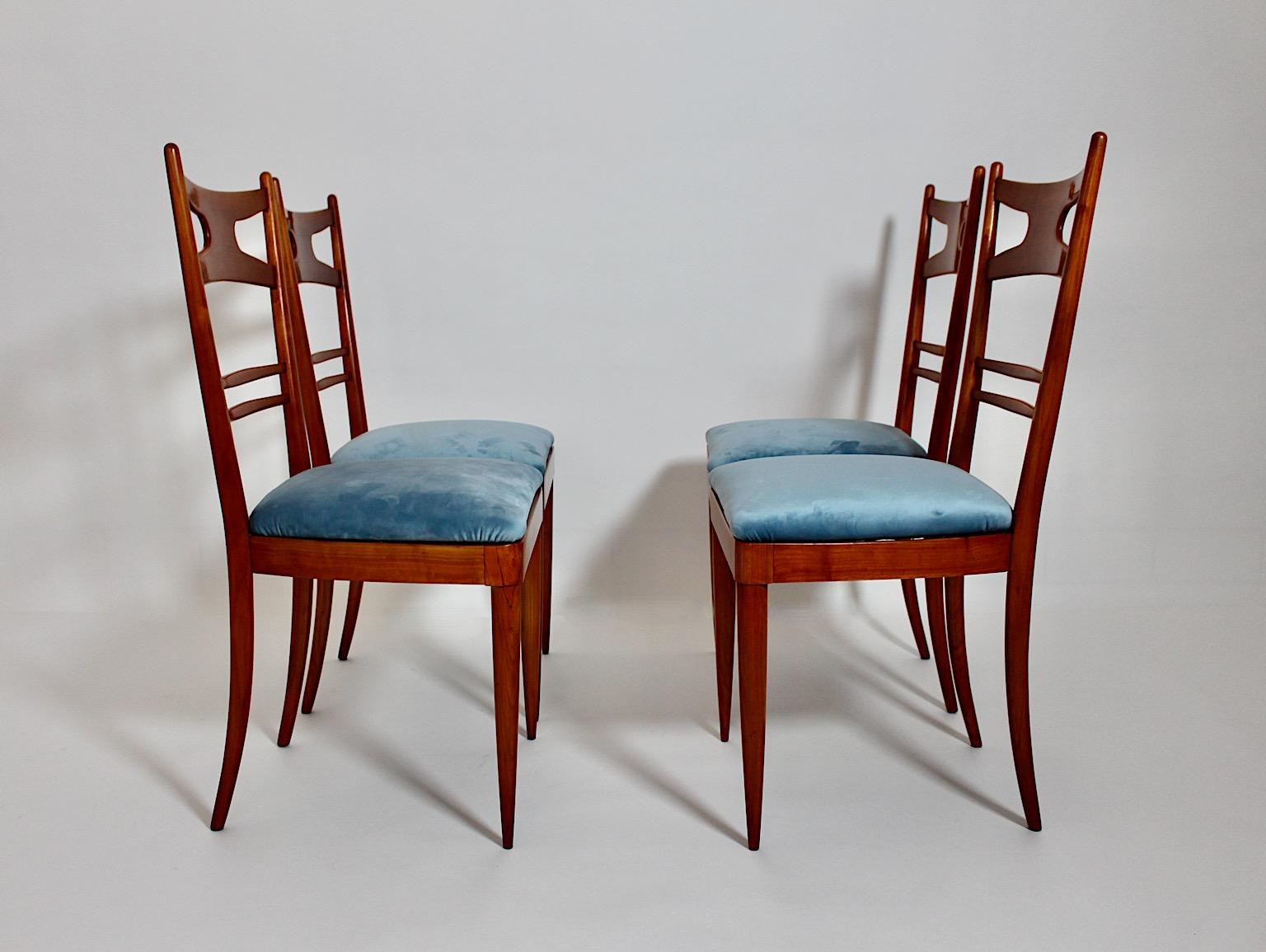 Mid-Century Modern Vintage Four Cherry Blue Velvet Dining Room Chairs 1950 Italy For Sale 5