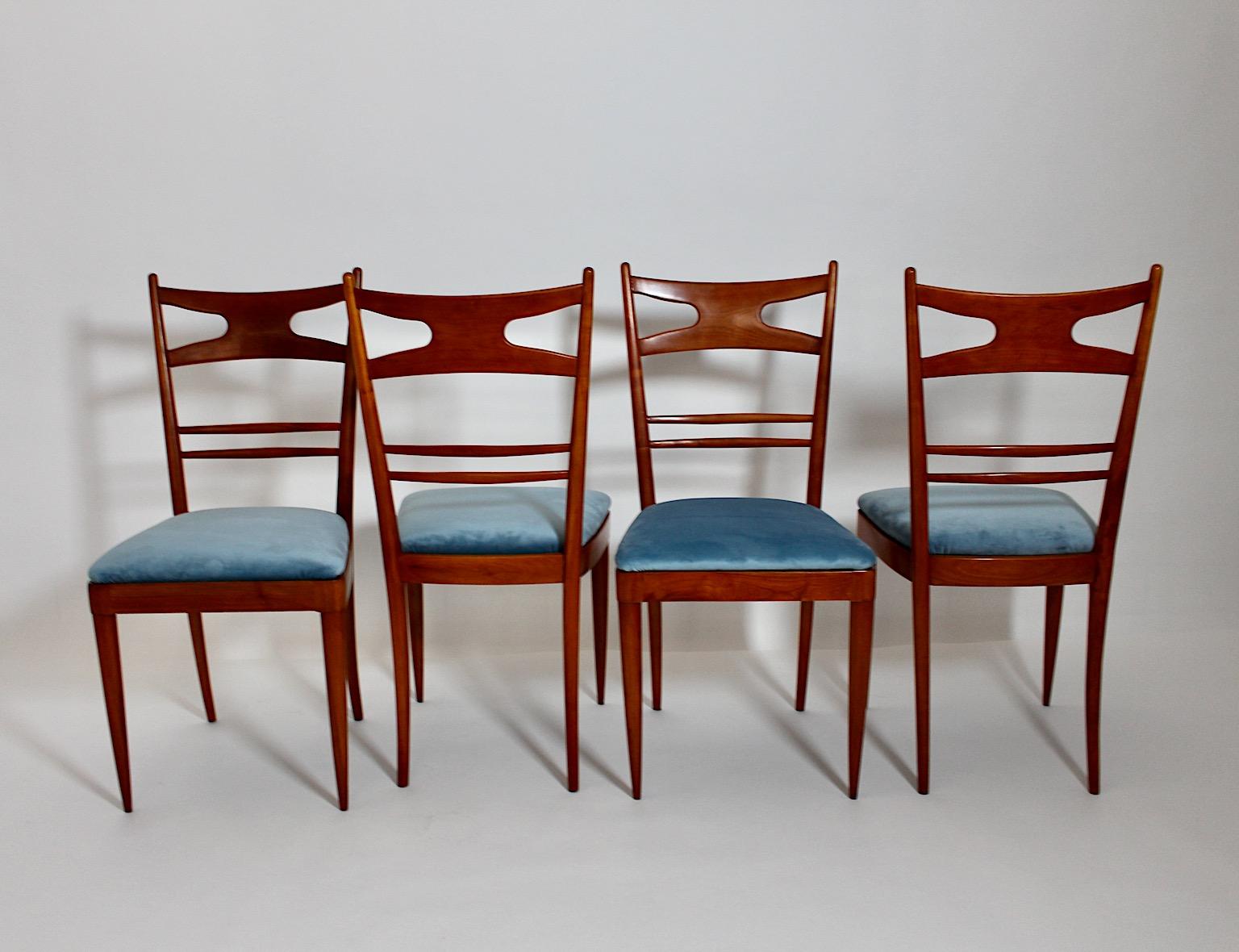 Mid-Century Modern Vintage Four Cherry Blue Velvet Dining Room Chairs 1950 Italy For Sale 7