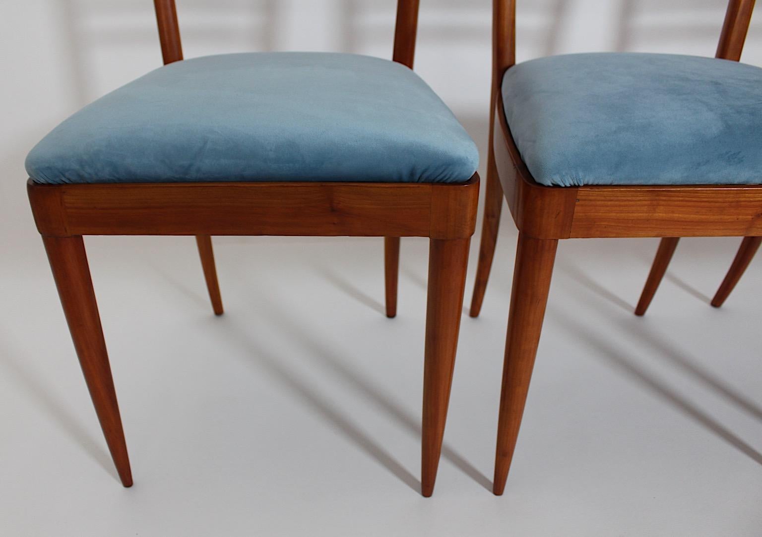 Mid-Century Modern Vintage Four Cherry Blue Velvet Dining Room Chairs 1950 Italy For Sale 8