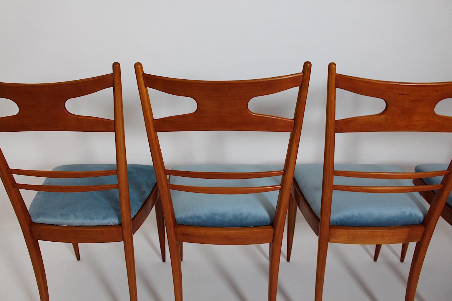 Mid-Century Modern Vintage Four Cherry Blue Velvet Dining Room Chairs 1950 Italy For Sale 9