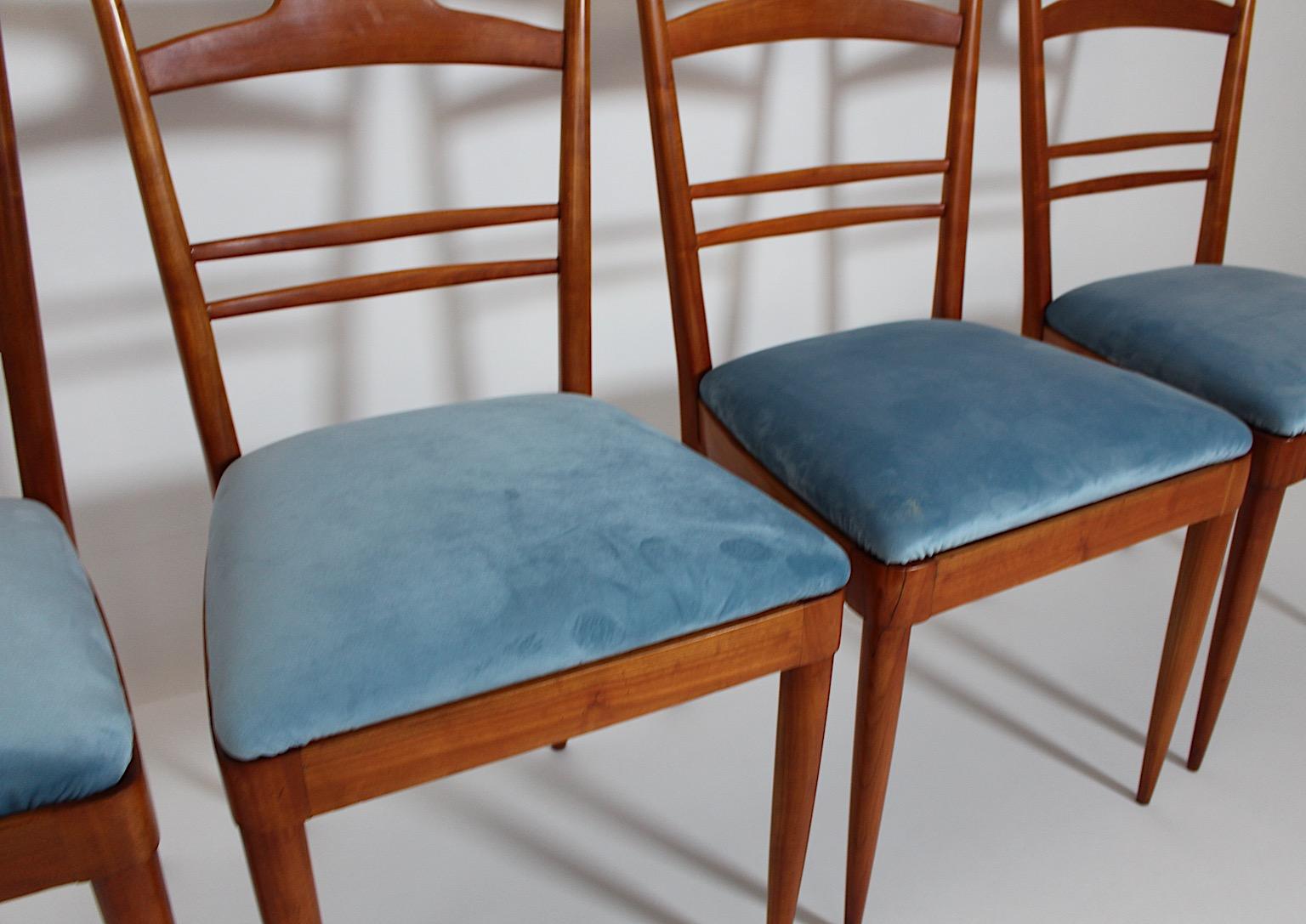 Mid-Century Modern Vintage Four Cherry Blue Velvet Dining Room Chairs 1950 Italy For Sale 10