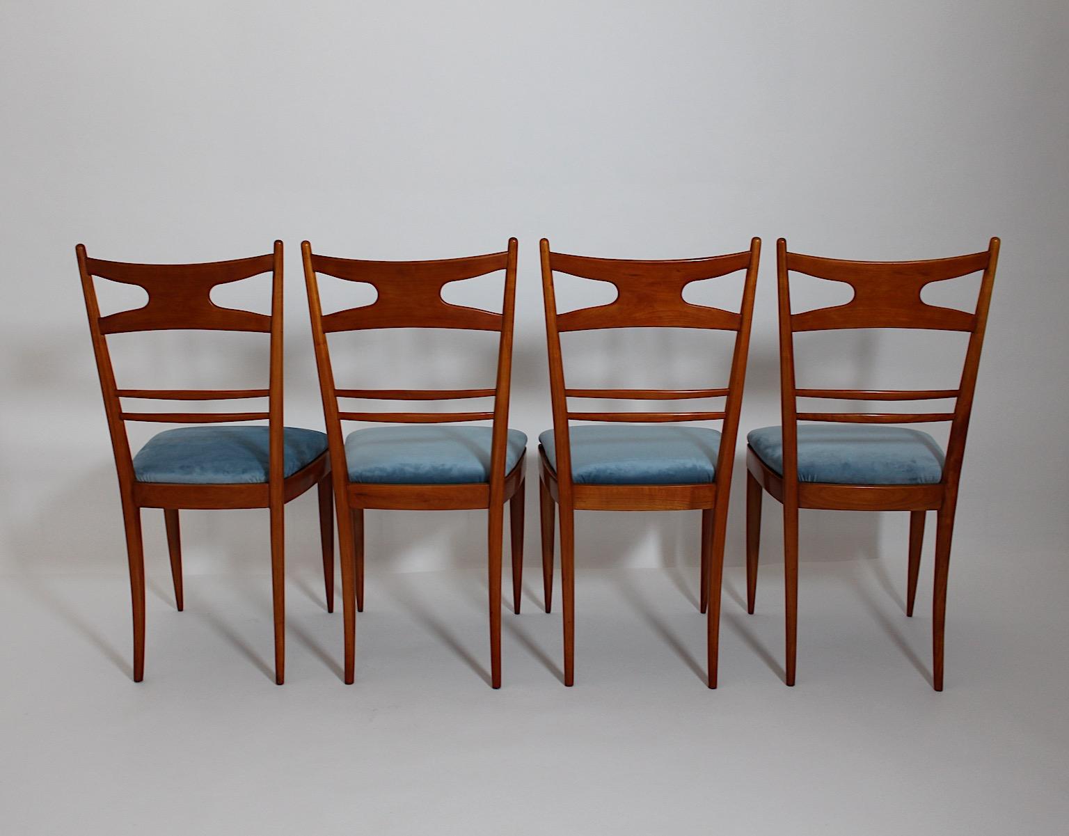 Mid-Century Modern Vintage Four Cherry Blue Velvet Dining Room Chairs 1950 Italy For Sale 12