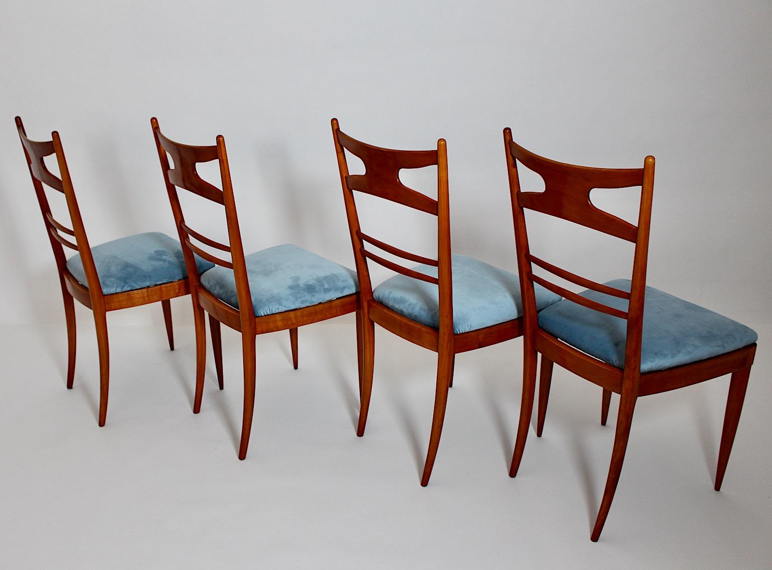 Mid-Century Modern Vintage Four Cherry Blue Velvet Dining Room Chairs 1950 Italy For Sale 13