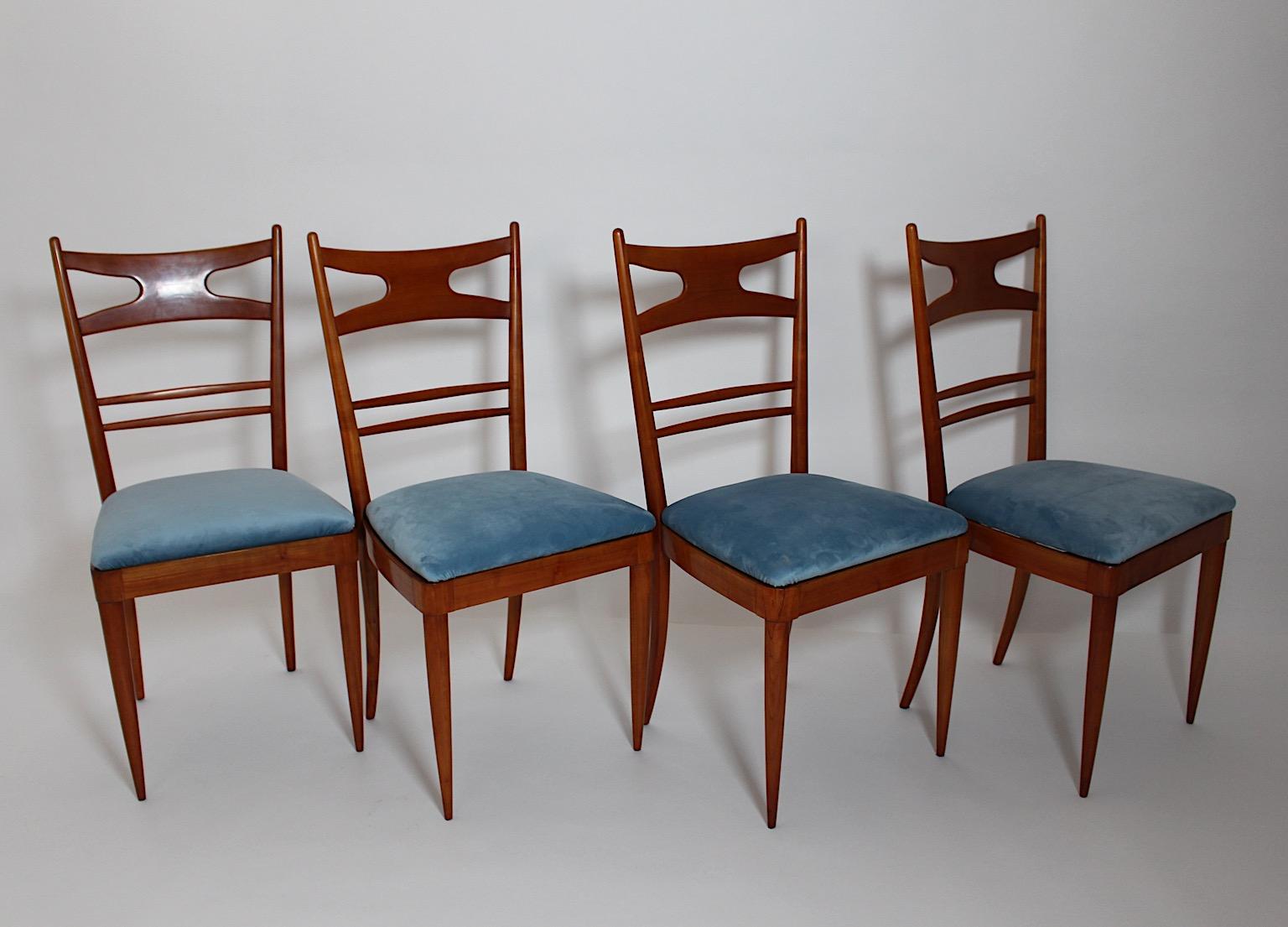 Italian Mid-Century Modern Vintage Four Cherry Blue Velvet Dining Room Chairs 1950 Italy For Sale