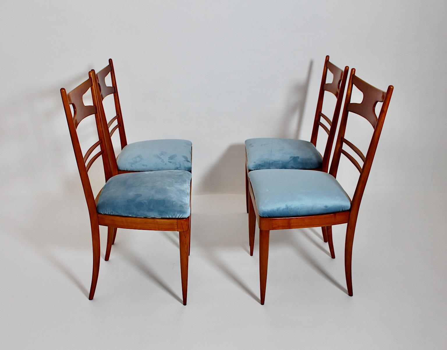20th Century Mid-Century Modern Vintage Four Cherry Blue Velvet Dining Room Chairs 1950 Italy For Sale