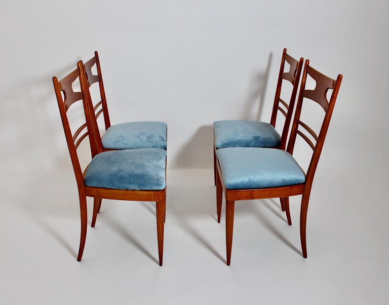 MidCentury Modern Vintage Four Cherry Blue Velvet Dining Room Chairs