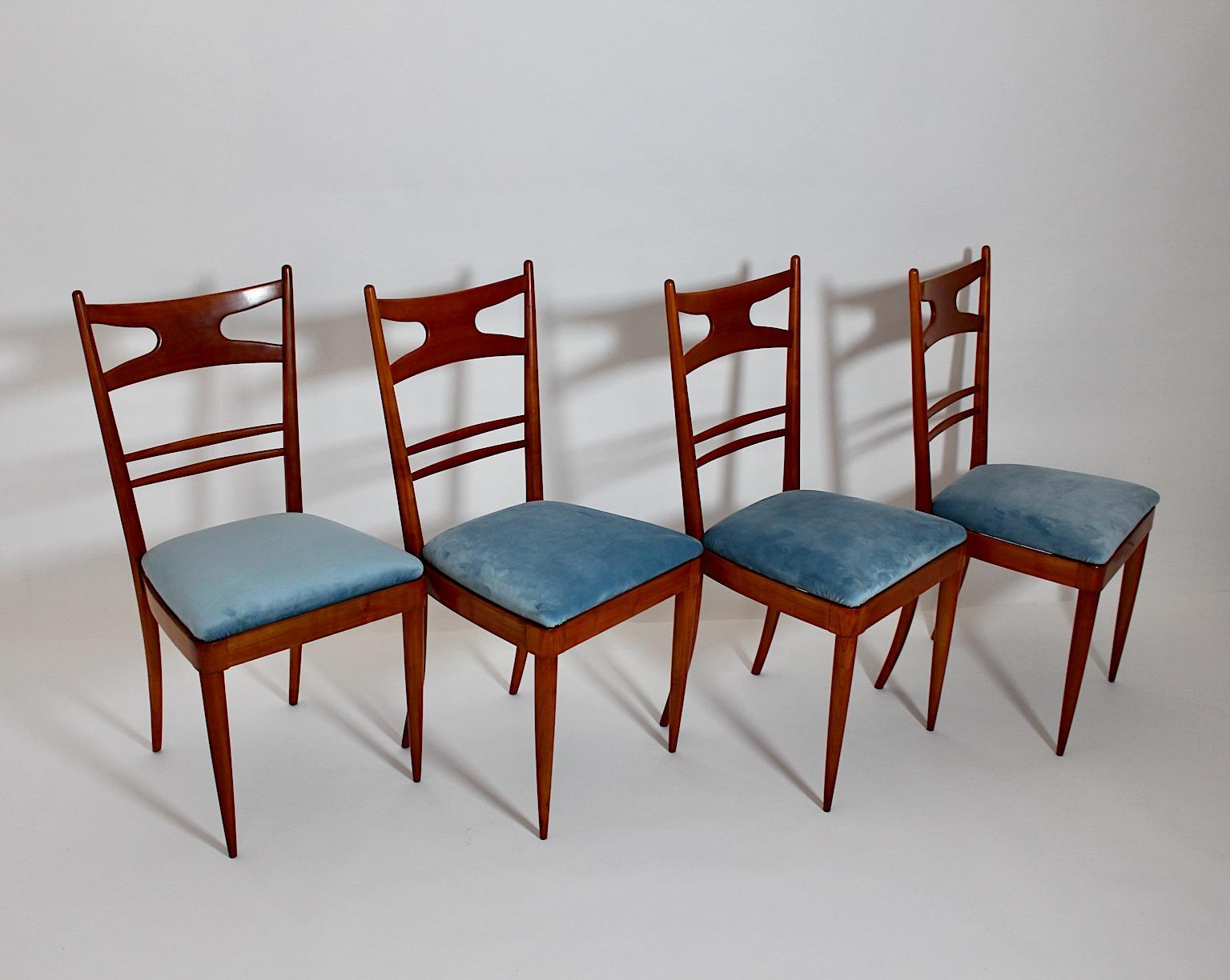 Mid-Century Modern Vintage Four Cherry Blue Velvet Dining Room Chairs 1950 Italy For Sale 1