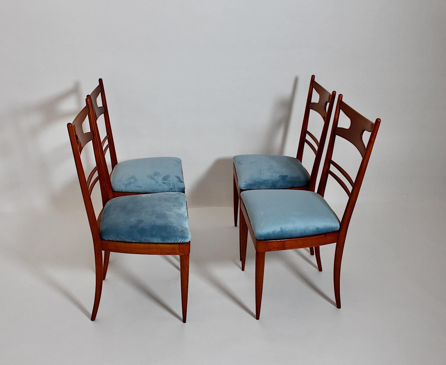 Mid-Century Modern Vintage Four Cherry Blue Velvet Dining Room Chairs 1950 Italy For Sale 2
