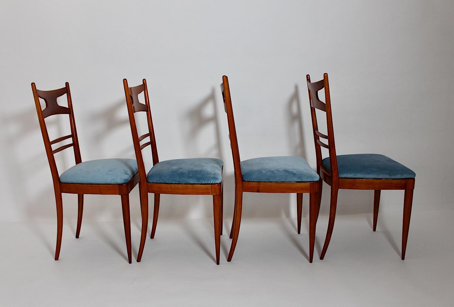 Mid-Century Modern Vintage Four Cherry Blue Velvet Dining Room Chairs 1950 Italy For Sale 3