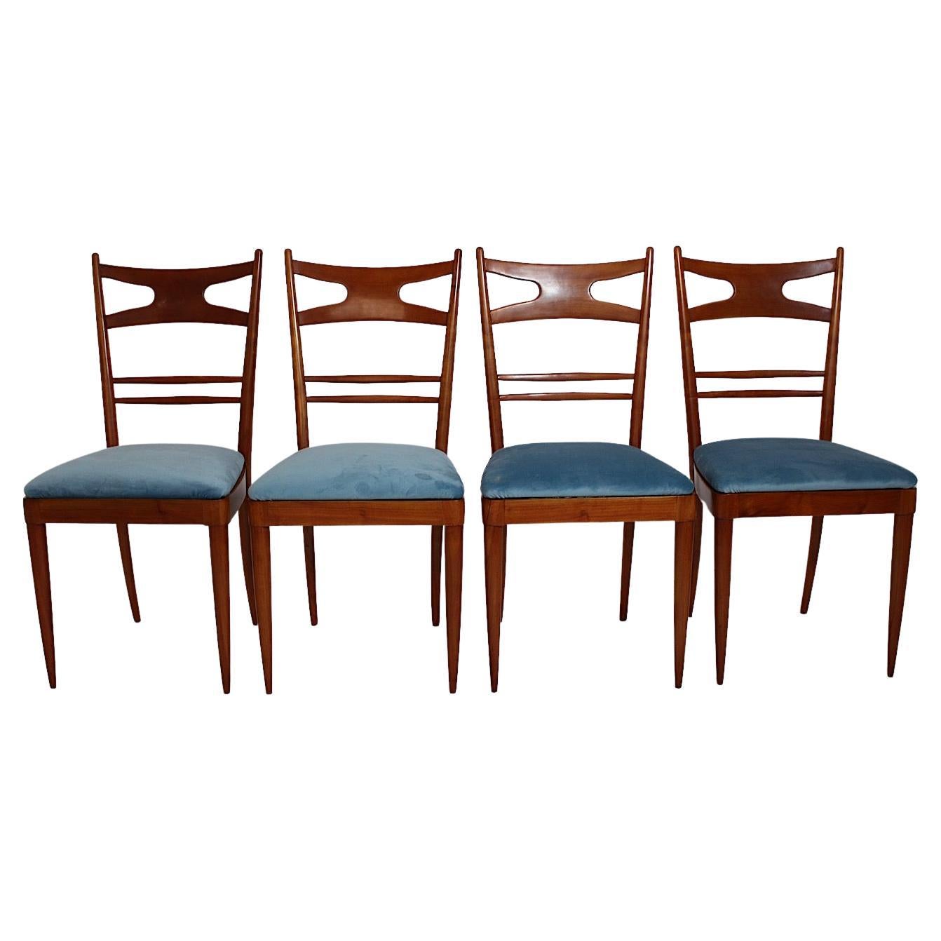 Mid-Century Modern Vintage Four Cherry Blue Velvet Dining Room Chairs 1950 Italy For Sale
