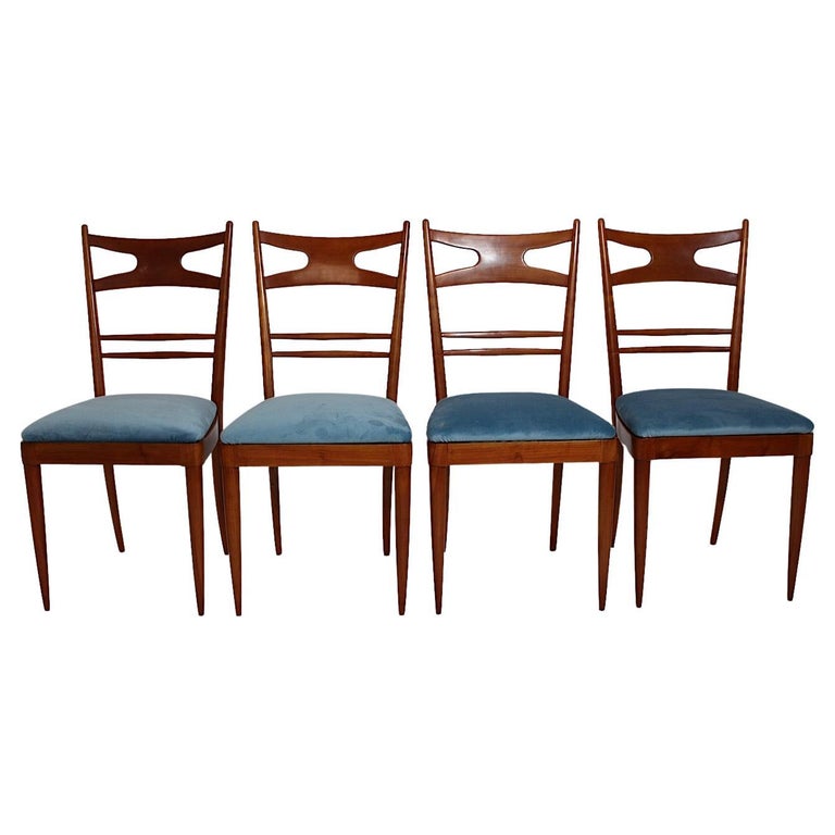 MidCentury Modern Vintage Four Cherry Blue Velvet Dining Room Chairs 1950 Italy For Sale at 1stDibs