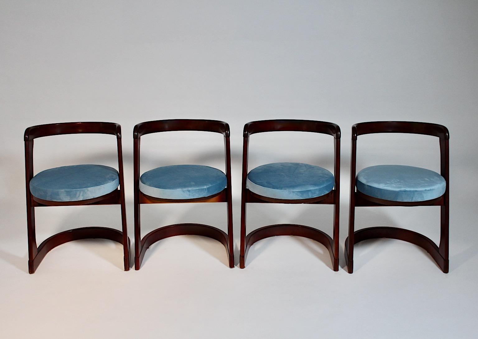 Mid-20th Century Mid-Century Modern Vintage Four Dining Chairs Beech Blue Willy Rizzo, 1960s, Italy For Sale