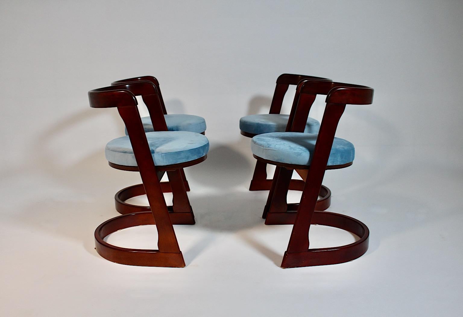Mid-Century Modern Vintage Four Dining Chairs Beech Blue Willy Rizzo, 1960s, Italy For Sale 1