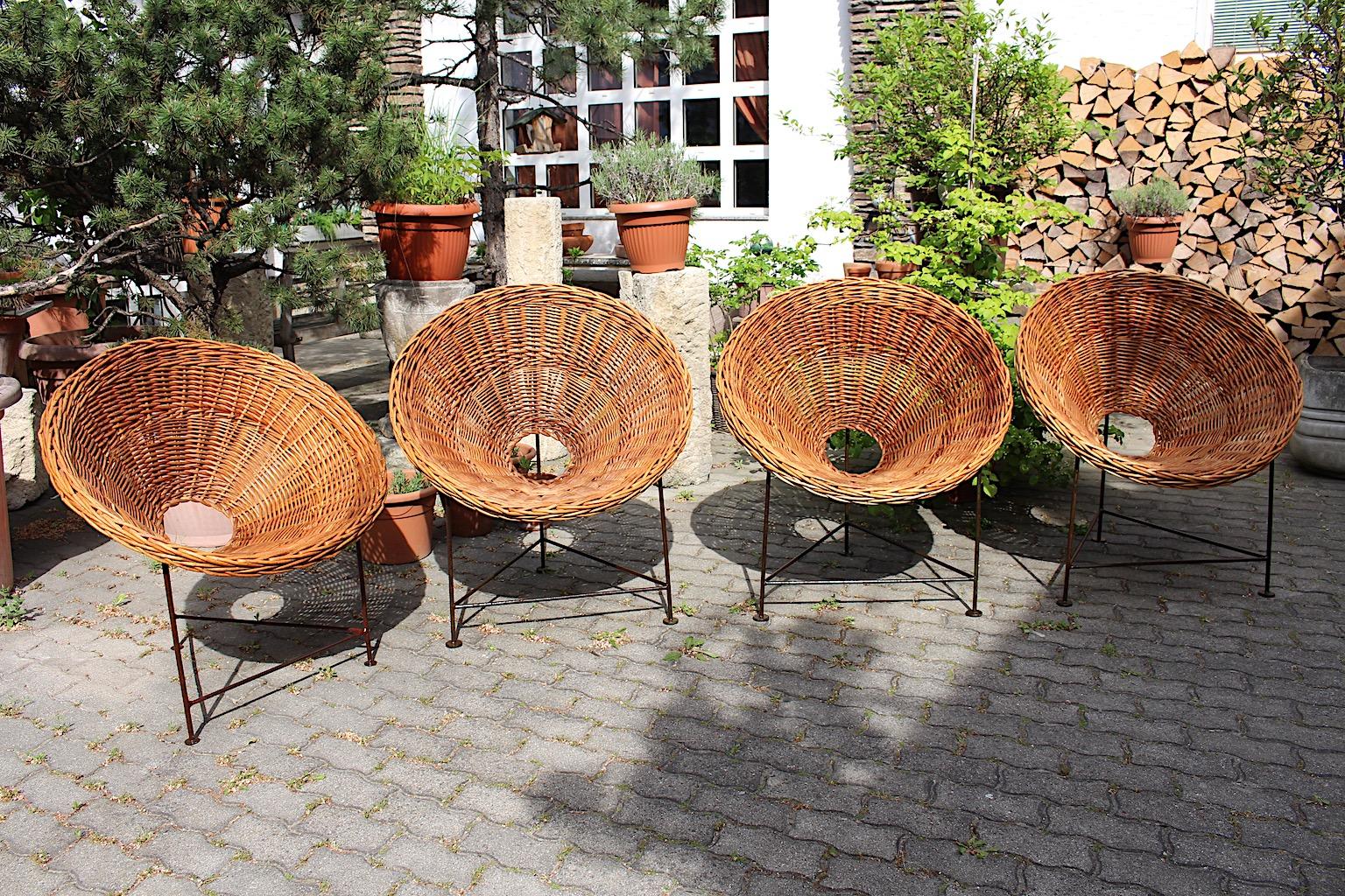 Austrian Mid-Century Modern Vintage Four Vintage Willow Lounge Patio Chairs 1950s Austria For Sale