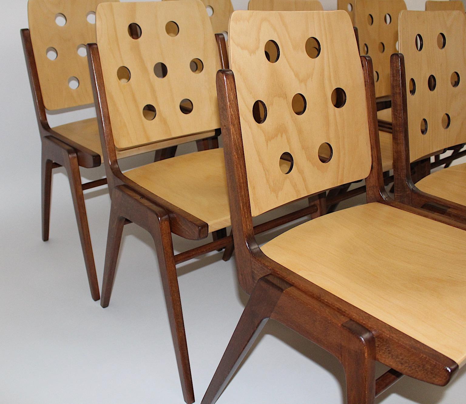 Beech Mid Century Modern Vintage Franz Schuster Bicolor Dining Chairs 1950s Vienna  For Sale