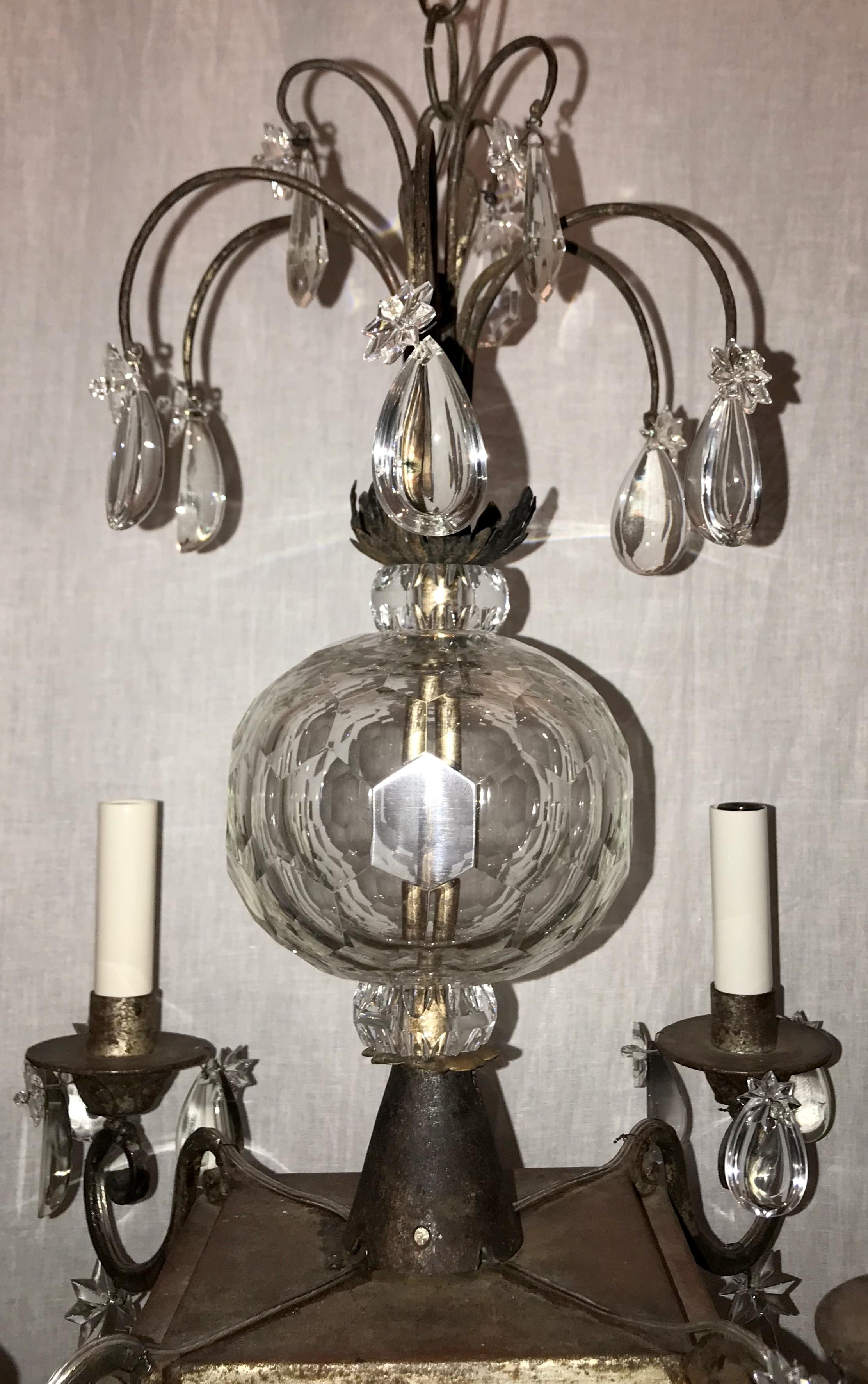 Silvered Mid-Century Modern Vintage French Bagues Crystal Silver Square Star Chandelier