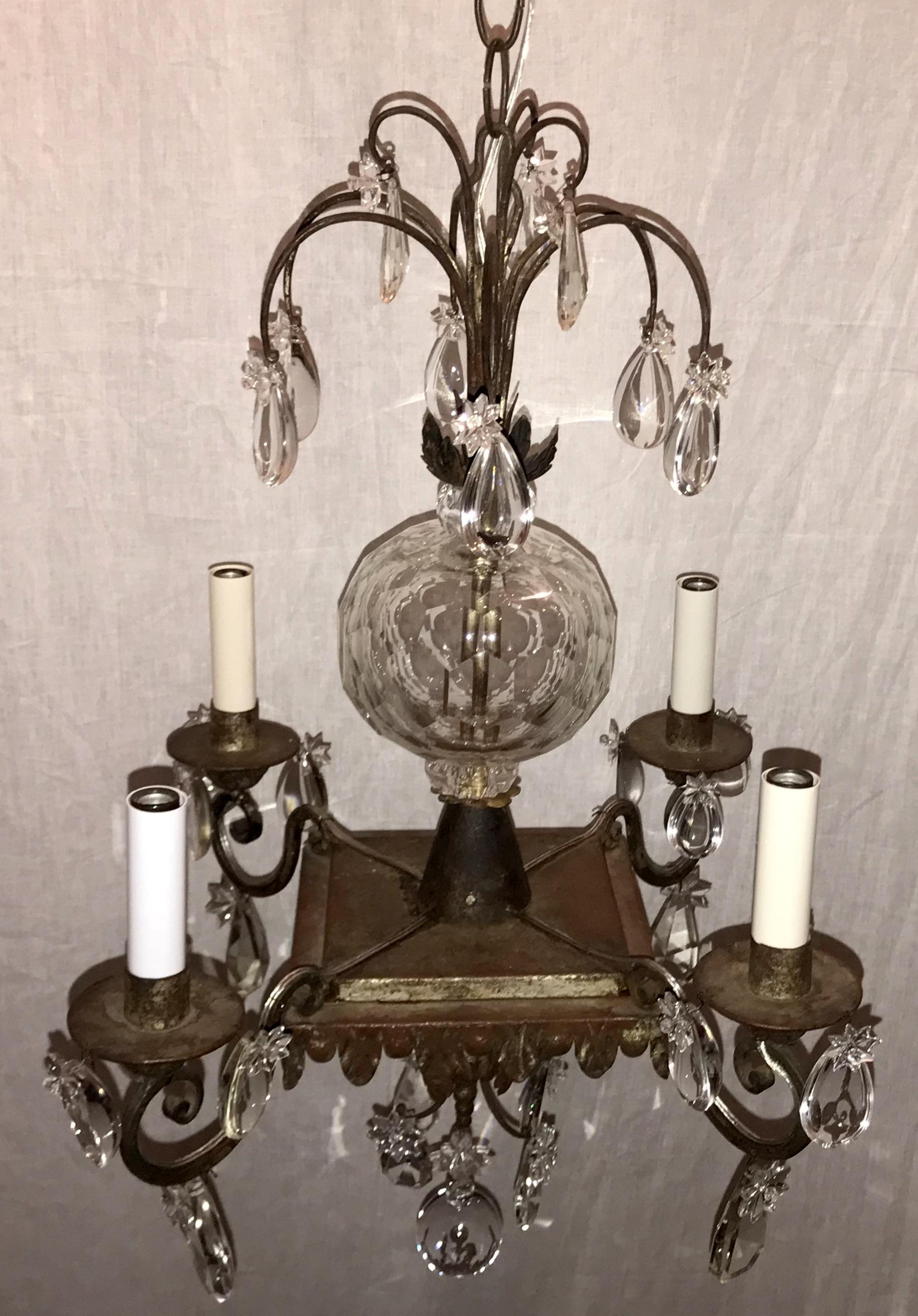 Mid-Century Modern Vintage French Bagues Crystal Silver Square Star Chandelier In Good Condition In Roslyn, NY
