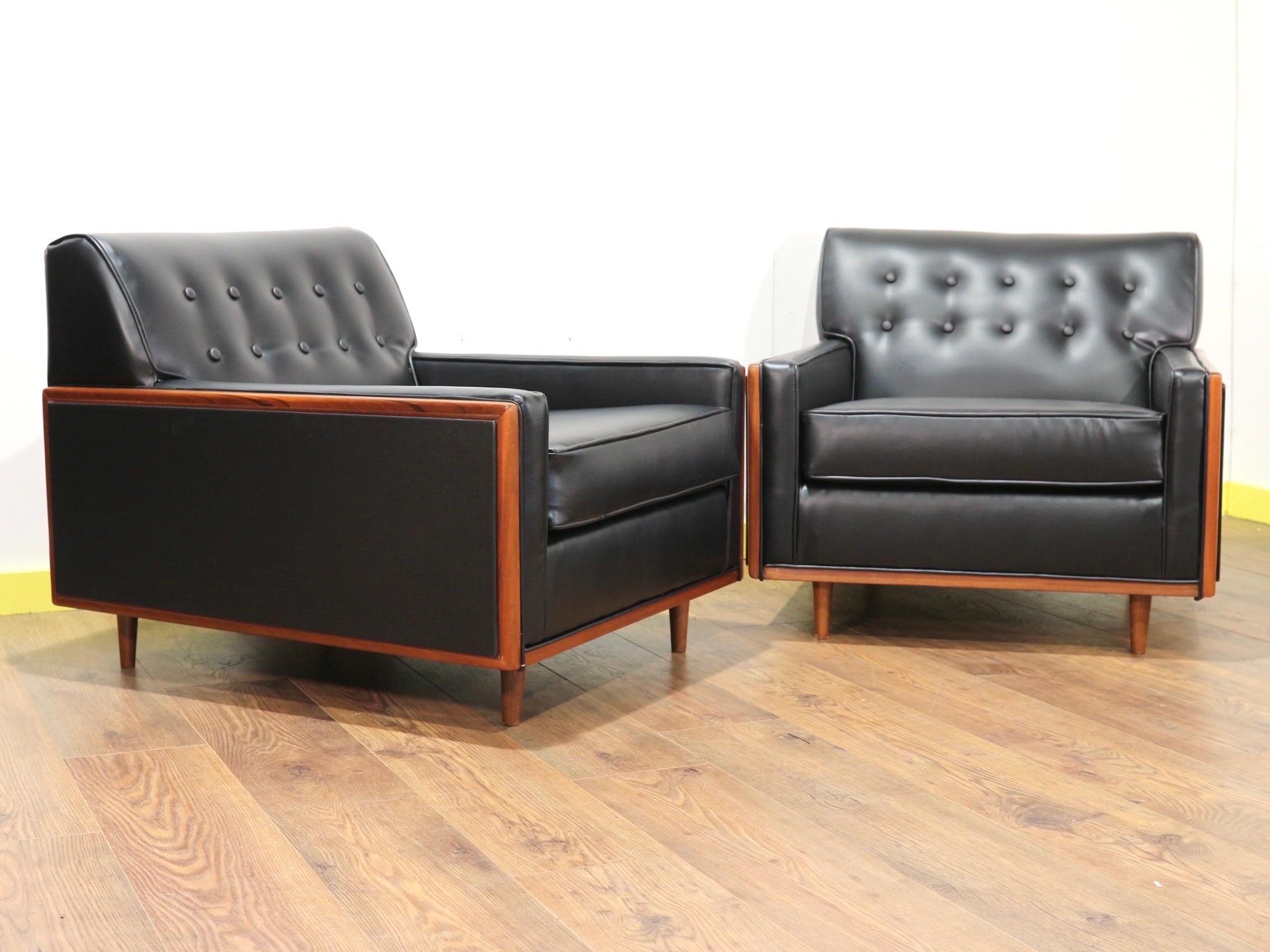 Faux Leather Mid-Century Modern Vintage G Plan American Lounge Chairs Pair