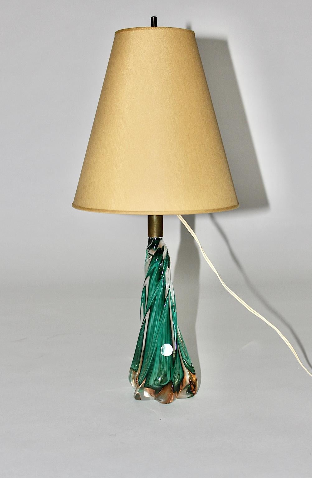 Italian Mid-Century Modern Vintage Glass Green Gold Table Lamp, 1950s, Italy For Sale