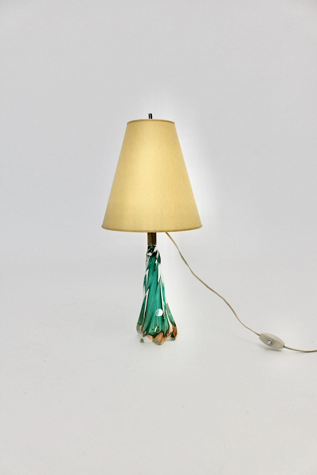 Blown Glass Mid-Century Modern Vintage Glass Green Gold Table Lamp, 1950s, Italy For Sale