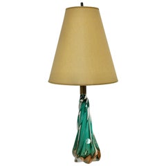 Mid-Century Modern Vintage Glass Green Gold Table Lamp, 1950s, Italy
