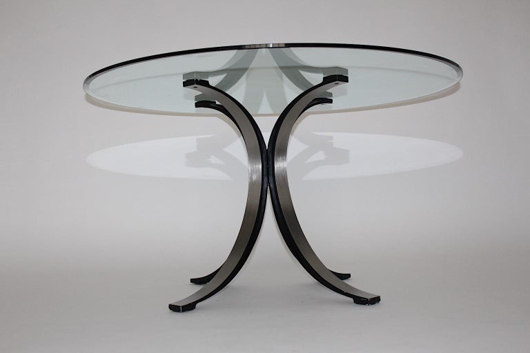 Italian Mid-Century Modern Vintage Glass Metal Dining Table Osvaldo Borsani Tecno, Italy For Sale